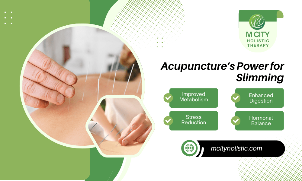 Acupuncture needles on a person's back, highlighting acupuncture's benefits for slimming, including improved metabolism and stress reduction.